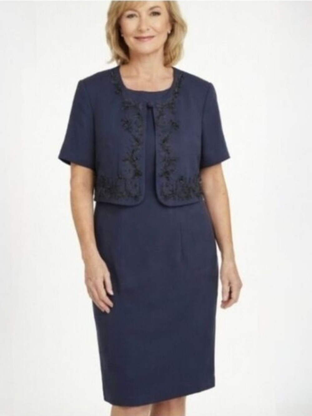 Marianna Navy Short Sleeve Cocktail Party Dress W/ Beaded Faux Jacket Size 12